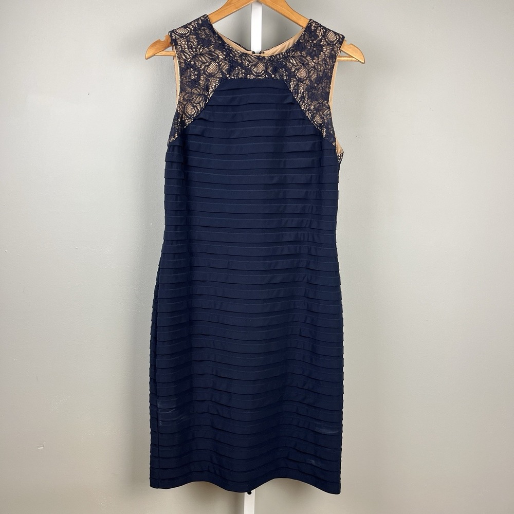 Adrianna Papell Sheath Dress Womens 12 Navy Blue Tiered Lace Trim Cocktail